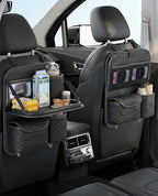 Leather Backseat Car Organizer with Foldable Table Tray & Cup Holder - Car Backseat Organizer for Kids, Women, Road Trip Essentials for SUVs, Trucks and Cars (Black)
