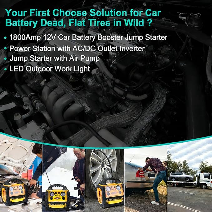 1800A Car Jump Starter with Air Compressor 150PSI,12V Portable Heavy Duty Battery Jump Box (8.0L Gas/6L Diesel), Battery