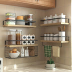 Wood Floating Shelves Wall Mounted - 4+1 Tier Rustic Bathroom Wall Shelves Over Toilet with Wire Storage Basket and Towel Bar