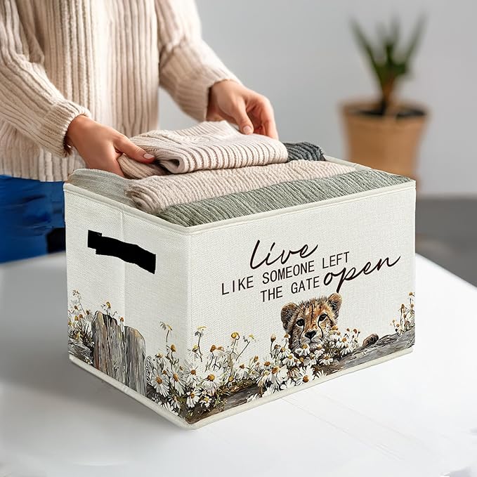 Rustic Cheetah Storage Bins & Boxes with Handles, Farmhouse Leopard Foldable Basket for Organizing, Live Like Someone Left th