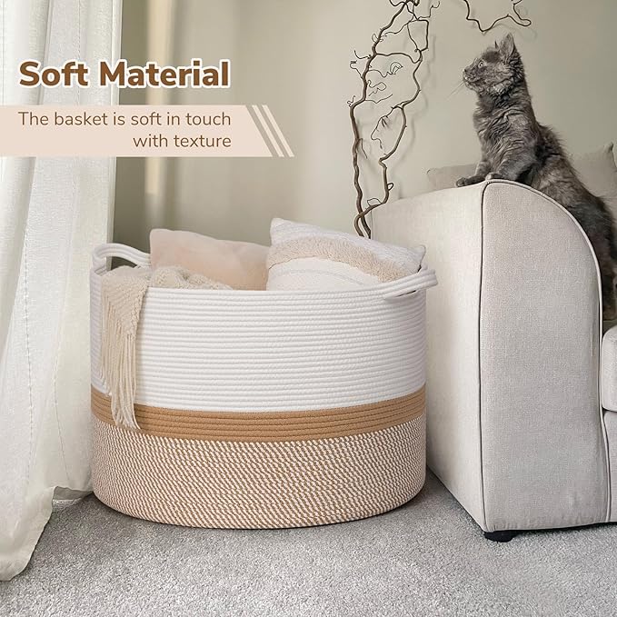 INDRESSME 115L Extra Large Cotton Rope Basket, Woven Baby laundry Blanket Basket for Home Decor Living Room Nursery, Toy Stor