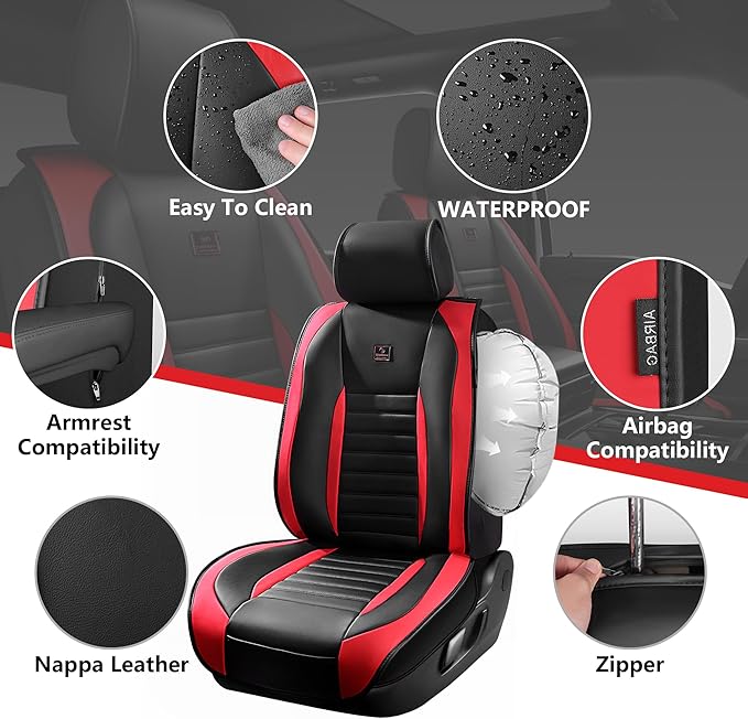 CAR PASS Nappa Leather Car Seat Covers Front Seats, Luxury Seat Protector for Cars, Waterproof Anti-Slip Seat Cushion Armrest