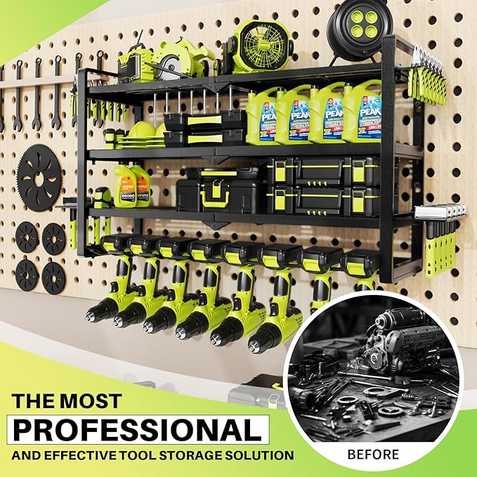 Large Power Tool Organizer Wall Mount, Garage Storage Cordless Tool Organizer with Screwdriver Holder, Heavy Duty Metal Stora