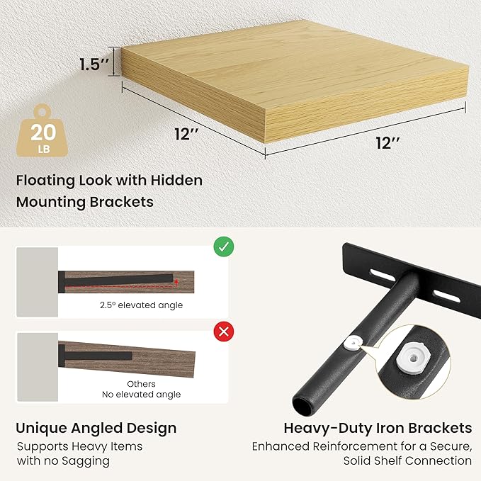 Fun Memories Rustic Wood Floating Shelves for Wall, Space-Saving Wall Mounted Shelves for Bathroom, Bedroom, Living Room and 