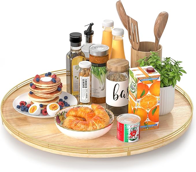 24 Inch Extra Large Lazy Susan Turntable - Premium Solid Oak Wood & Iron | Rustic Farmhouse Rotating Tray for Dining Table, K