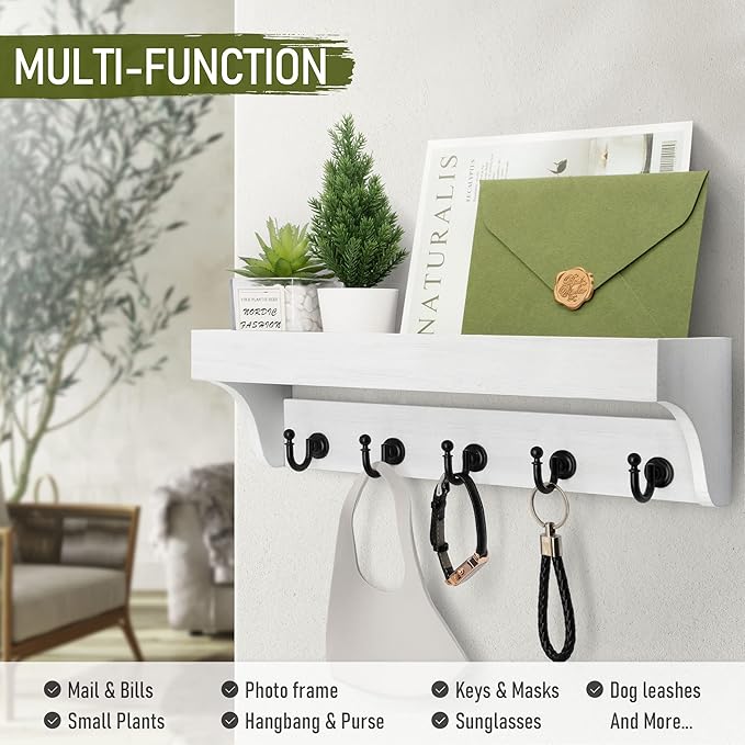 Rebee Vision Key and Mail Holder for Wall with Floating Shelf : Decorative Hanging Organizer with 5 Sturdy Keys Hooks and Wal