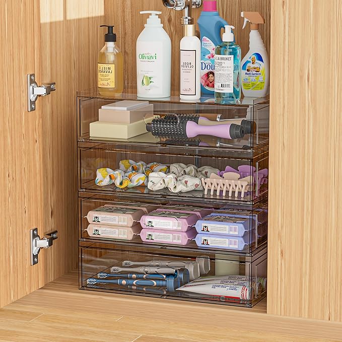 Clear Stackable Makeup Organizer with Drawer, 12''W Acrylic Storage Drawers, Cosmetic Display Case for Vanity Bathroom Counte