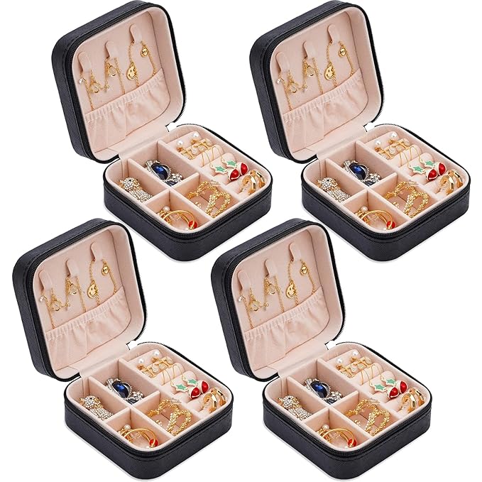 Neveika Portable Travel Mini Jewelry Box Leather Jewellery Ring Organizer Case Storage Gift Box Girls Women (4pcs black).