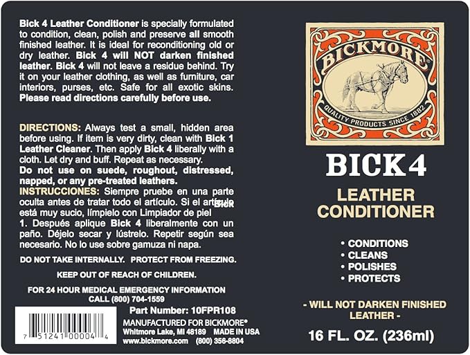 Bickmore Bick 4 Leather Conditioner and Leather Cleaner 16 oz - Will Not Darken Leather - Safe For All Leather Apparel, Furni