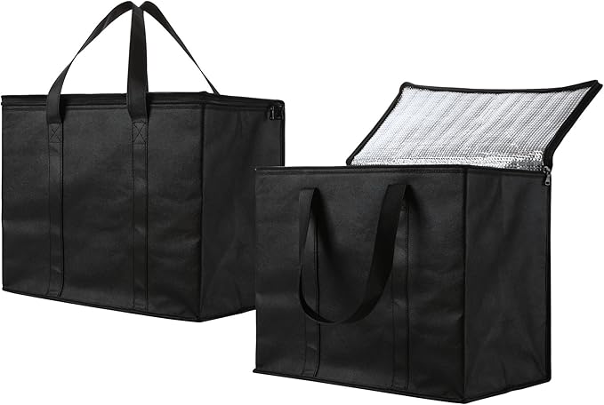 NZ home Insulated Bags for Food Delivery (XL Plus) Grocery Shopping Cooler Bag, Pizza Delivery, Hot & Cold Catering Tote, Reusable, Foldable & Heavy Duty (2 Pack, Black)