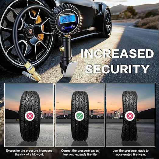 Digital Tire Pressure Gauge with Inflator, 250 PSI Heavy Duty Air Chuck & Compressor Accessories with Quick Connect Coupler and Rubber Hose for Cars, Inflatables