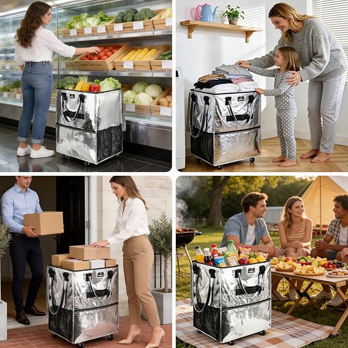 Reusable Grocery Bag On Wheels, 70L Foldable Tote with 6 Pockets, 3-Way Carry & Sturdy Handles, Zippered Top, Folds Flat for Shopping, Camping, Moving, Medium, Silver