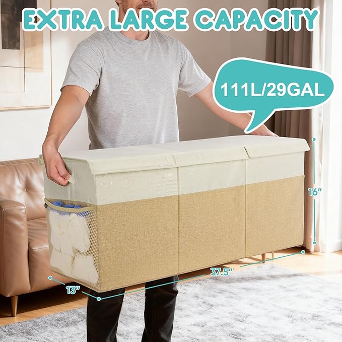 BALEINE Extra Large Fabric Storage Bins with Lid, Collapsible Storage Boxes Bins Baskets with Divider for Home Organizing (37