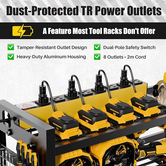 Power Tool Organizer Wall Mount | 8-Outlet TR Charging Station | Garage Storage Rack with Cordless Drill Holder | Heavy Duty 