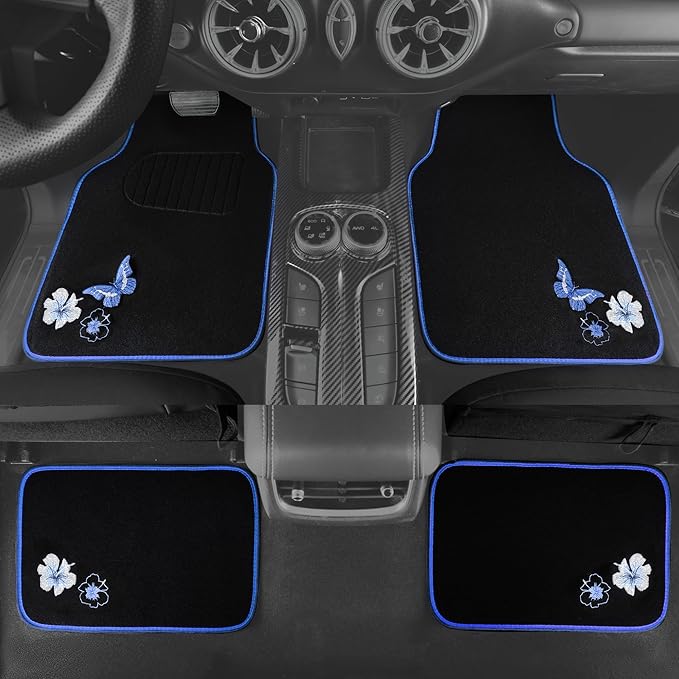 CAR PASS Universal Fit Embroidery Butterfly and Flower Car Floor Mats, Blue Car Floor Mats Fit 95% Automotive,SUVS,Sedan,Vans