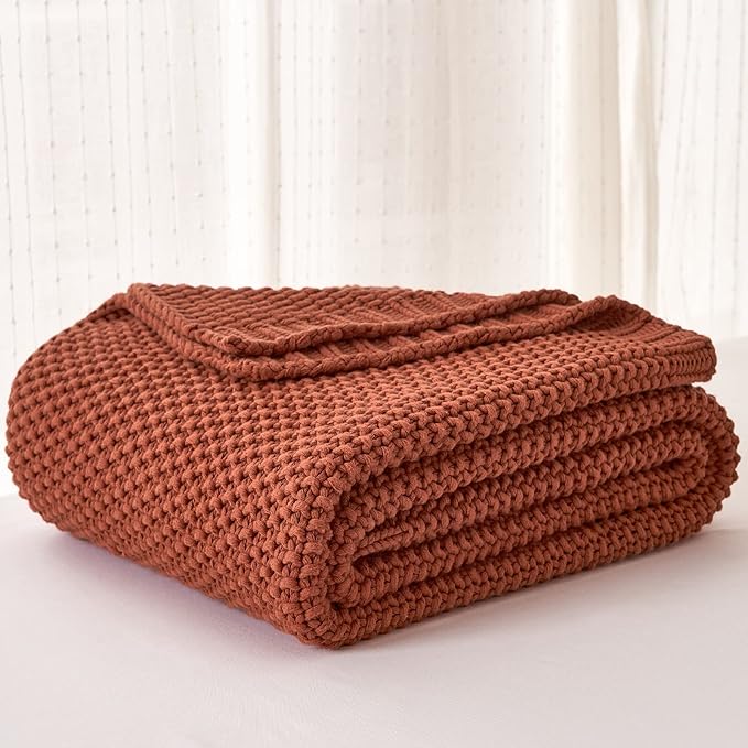 Chunky Cable Knit Throw Blanket Lightweight Rust 100% Organic Cotton Blanket for Sofa Couch Bed Baby Nursery, Rustic Shabby C