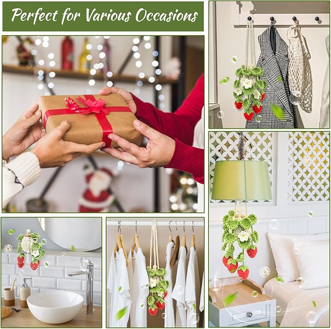 Crochet Car Air Freshener, 15ml Empty Refillable Oil Diffuser Bottle with Hanging Crochet Strawberry Plant for Car Rearview M