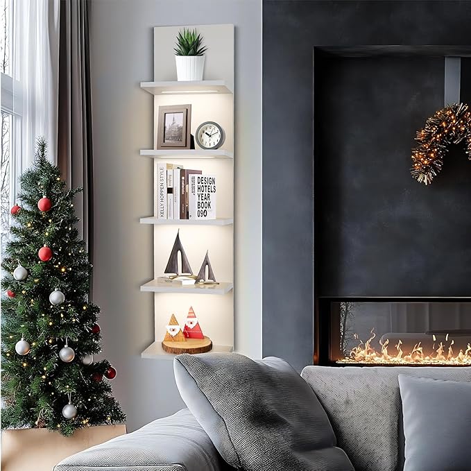 5 Tier Wall Shelf Unit, White Shelves,Lack Shelf, Wall Shelves for Bedroom，Office,Bathroom, Vanity Shelves with LED Light