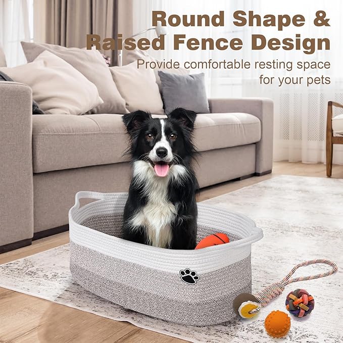 Optish Dog Toy Basket, Toy Box and Bin for Dog Cat Storage, 19.7" X 11" X 7.9" (30L) Large Woven Rope Basket for Blanket Stor