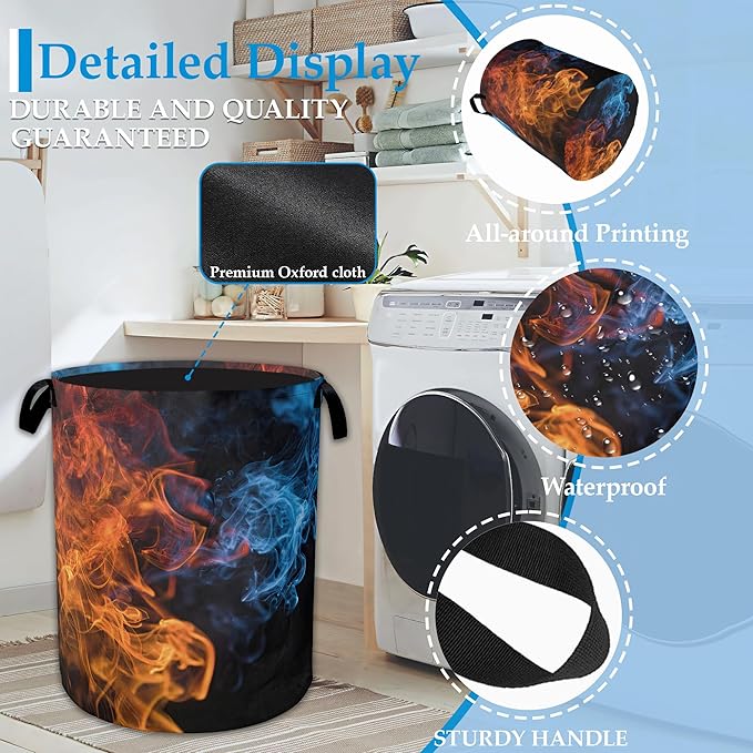 Red Blue Fire Laundry Basket Collapsible Laundry Hamper, Oxford Cloth Storage Bin for Room/Bathroom/Bedroom/Dormitories 16" X