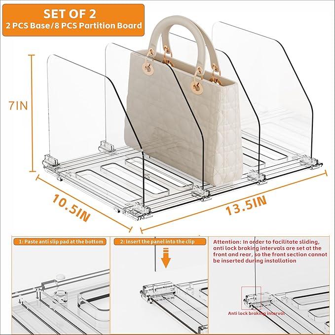 Yieach 4 Pack Acrylic Purse Organizer for Closet,Adjustable Purse Dividers and Handbags Storage Organizer,Clear Shelf Divider
