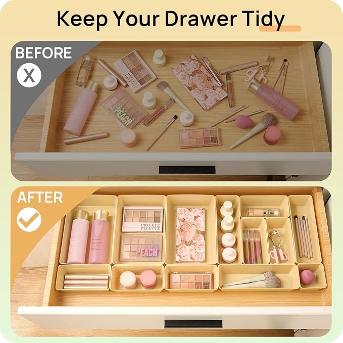 Vtopmart 25 PCS Plastic Drawer Organizers Set, 4-Size Versatile Bathroom and Vanity Drawer Organizer Trays, Storage Bins for 