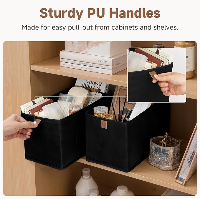 StorageWorks Narrow Baskets for Storage, Fabric Storage Bins, Small Baskets for Organizing with PU Handle, Great for Clothes,