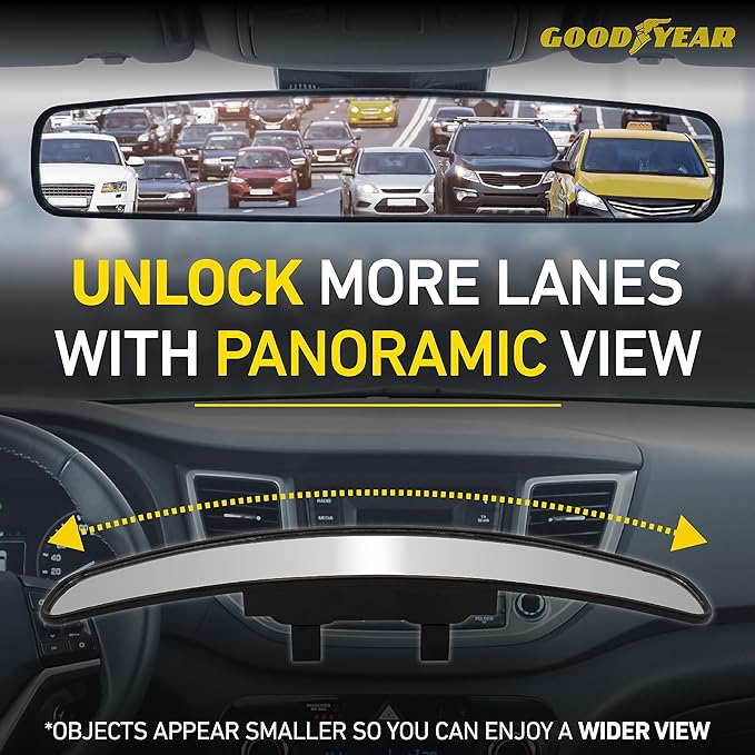 Goodyear 17” Panoramic Rear View Mirror – Universal Wide Angle Rear View Mirror for Car/SUV/Truck – Anti-Glare, Clip-On Large Rearview Extender for Safer Driving & Parking