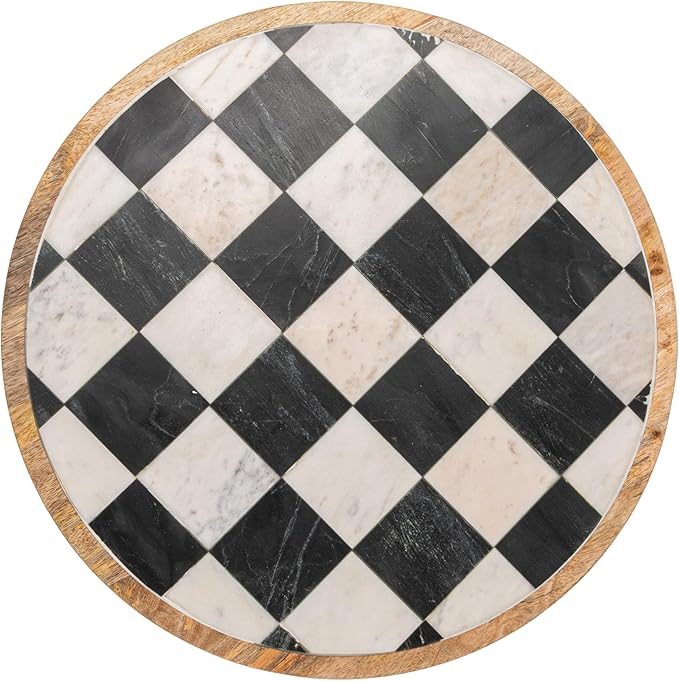 Creative Co-Op Checkered Lazy Susan in Mango Wood and Marble, White, Black and Natural
