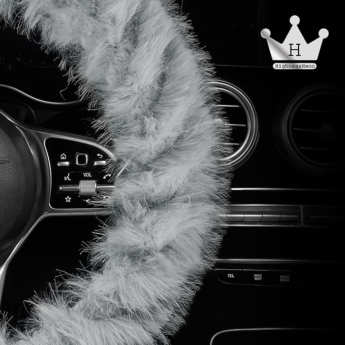 Fuzzy Winter Steering Wheel Covers for Women, Warm Cute Fluffy Car Wheel Cover for F150, Trucks, Jeep, Van, Soft Furry Auto Plush Large Car Handle Cover for Cold Weather, 15.2-16in, Gray