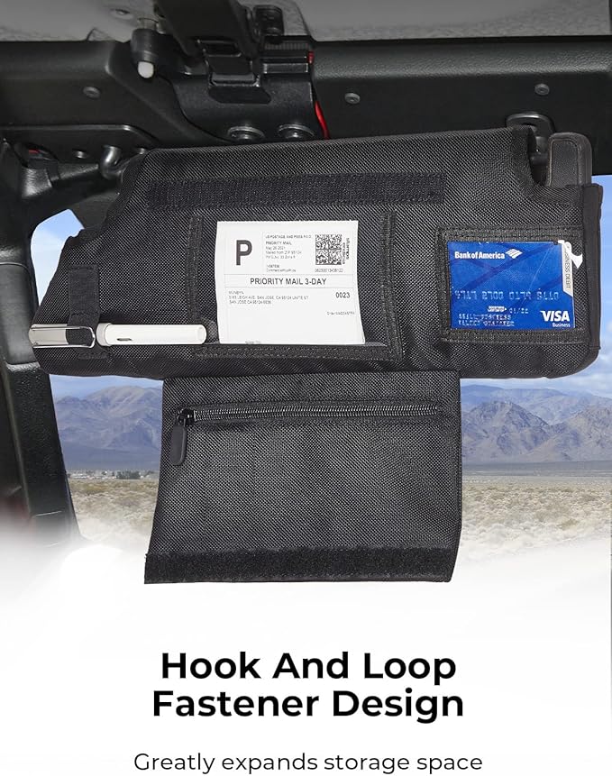 Upgraded Sun Visor Organizer Compatible with Wrangler JK 2007-2009, Multi-Pocket Net Zipper Visor Storage Cover, Molle Webbing Holder Pouch