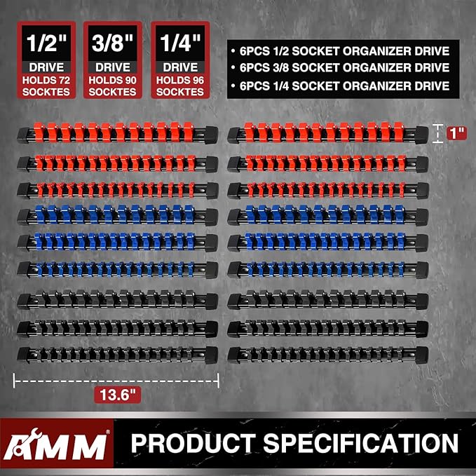 AMM 18-Piece Socket Organizer, 1/2 inch, 3/8 inch and 1/4 inch Drive ABS Tools-Socket Holder,Heavy Duty Socket Racks, Premium
