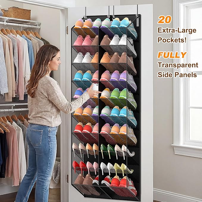 UVIAHOMI 30 Pairs Over the Door Shoe Organizer, Breathable Mesh Pocket Hanging Shoe Storage for Closet, 10-Tier Door Shoes Ra
