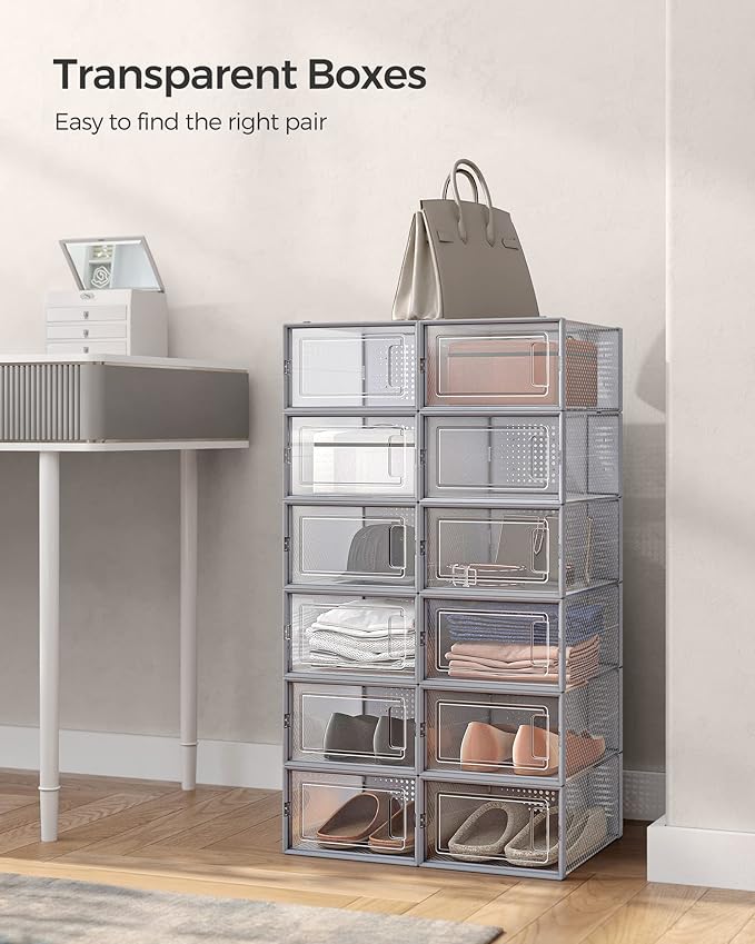 SONGMICS Shoe Boxes, Pack of 12 Shoe Storage Organizers, Stackable Clear Plastic Boxes for Closet, Sneakers, 13.1 x 9.1 x 5.6
