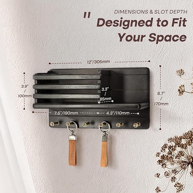 Rebee Vision Pine Wood Key Holder Wall Mount - Farmhouse Key Holder for Wall with Floating Shelf & 6 Hooks - Mail Organizer f
