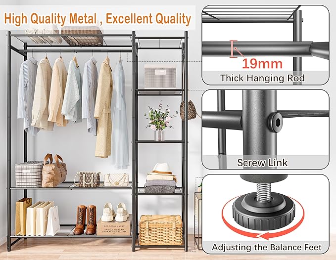 Wardrobe Closet,Portable Clothes Rack with 4 Tiers Shelves,Freestanding Closet Organizers and Storage System with Hanging Rod