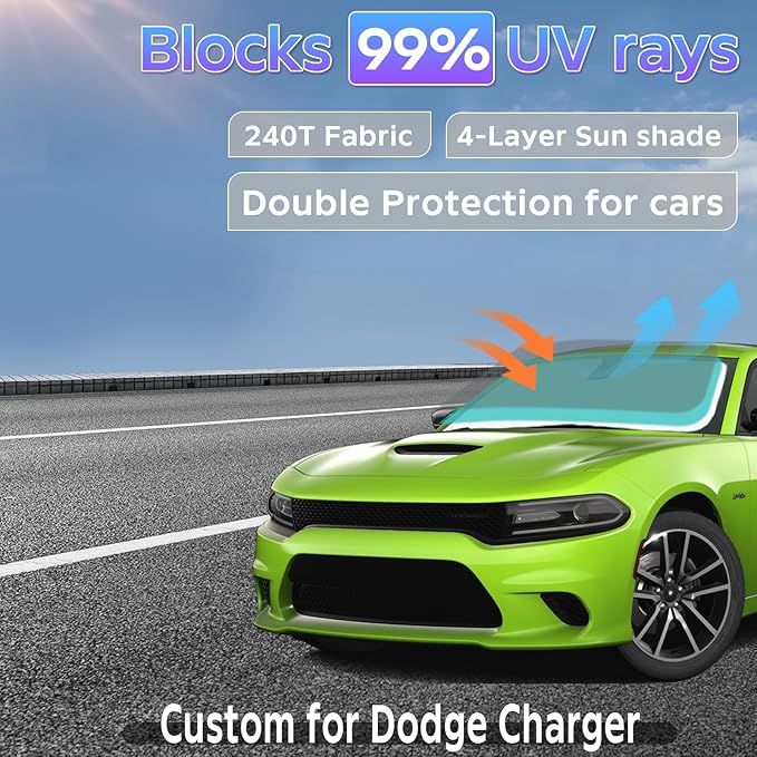 Sun Shade Sunshade for Dodge Charger 2011-2024 2025 Windshield Cover, 4-Layers Sun Shield 250T Silver Sun Visor Foldable Window Shade for Charger Blocks UV Rays Cooler Car Accessories