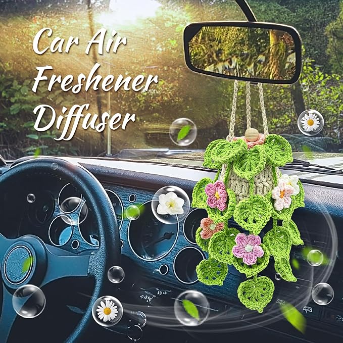 Crochet Car Air Freshener, 15ml Empty Refillable Oil Diffuser Bottle with Hanging Crochet Flowers Plant for Car Rearview Mirr
