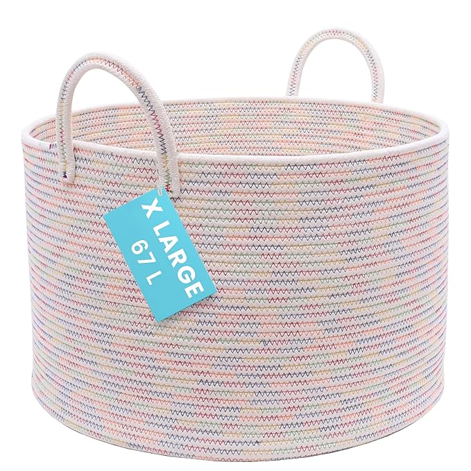OrganiHaus Large Woven Storage Basket for Blankets and Toys 20" x 13" Inch, Rope Laundry Basket with Handles, Cushions & Pill