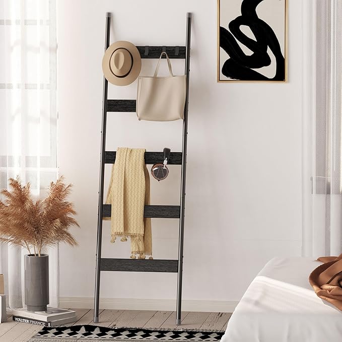Blanket Ladder, 5-Tier Towel Holder with 4 Removable Hooks, Farmhouse Wall Leaning Decorative Rack Shelf, Wooden Towel Displa