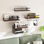 Wood Floating Shelves Wall Mounted - 4+1 Tier Rustic Bathroom Wall Shelves Over Toilet with Wire Storage Basket and Towel Bar