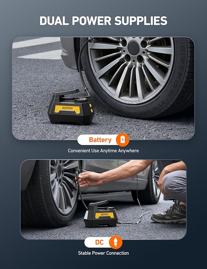 AstroAI H2 Pro Tire Inflator Portable Air Compressor Fully Upgraded Cordless Tire Inflator with DC 12V & Battery Dual Power Supplies Fast Inflation Air Pump for Car Tires Motorcycles Yellow