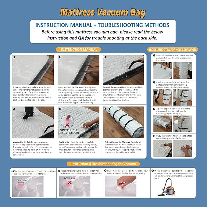 Storage Logic Foam Mattress Vacuum Bag with Blue Zipper, Mattress Storage Bag, Straps Included, Queen/Full/Full-XL