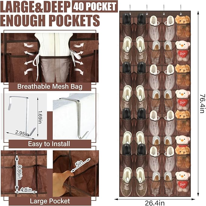 Windyun 40 Over the Door Shoe Organizer Large Breathable Mesh Pockets Hanging Shoe Rack for Closet Brown Behind Door Hanger S