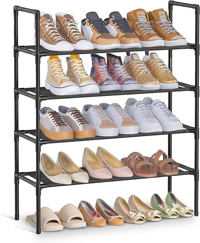 SONGMICS 4-Tier Shoe Rack, Shoe Storage for Hallway Closet, Slim and Space-Saving, Metal Frame, Non-Woven Fabric Shelves, Bla