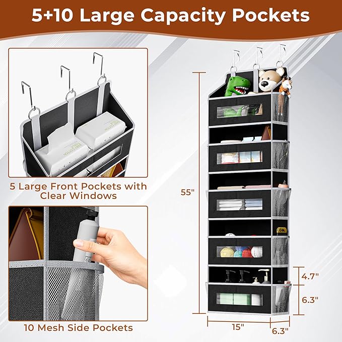 5 Tier Over The Door Organizer - Large Capacity Behind Door Hanging Shelves with 10 Mesh Pockets and Clear Windows, Closet Or