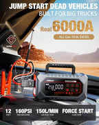 GOOLOO A7 Jump Starter with Air Compressor 6000A &160PSI 12V Car Battery Jumper Starter Portable Booster Pack 12-in-1 Jump