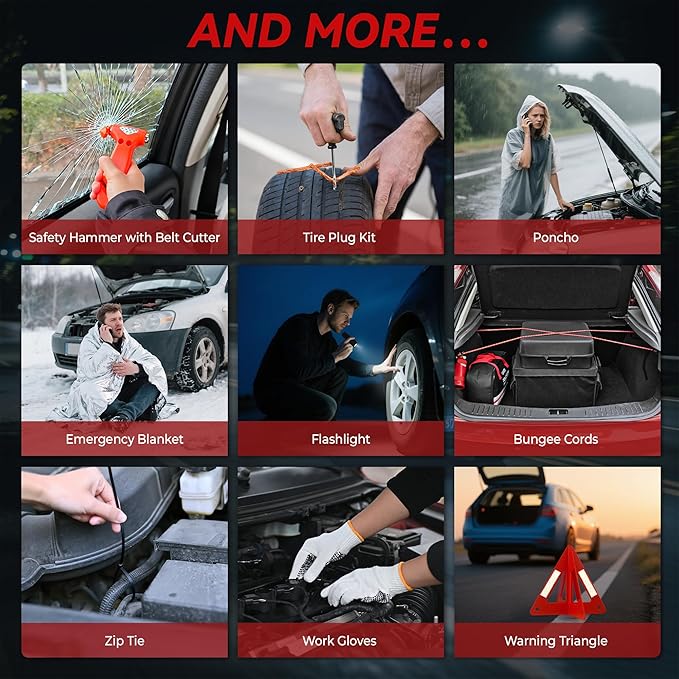 Car Emergency Safety Kit Bag with Portable Air Compressor, Jumper Cables,First Aid Kit, Winter Vehicle Roadside Emergency Kit