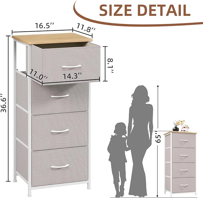 Somdot Dresser for Bedroom with 4 Drawers, Storage Organizer Chest of Drawers with Removable Fabric Bins for Closet Bedside L