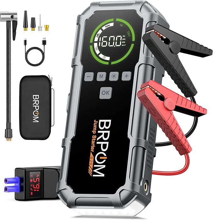 Jump Starter with Air Compressor, BRPOM 8000A Portable Car Jump Starter (All Petrol/12L Diesel), 160PSI 12V Battery Jump